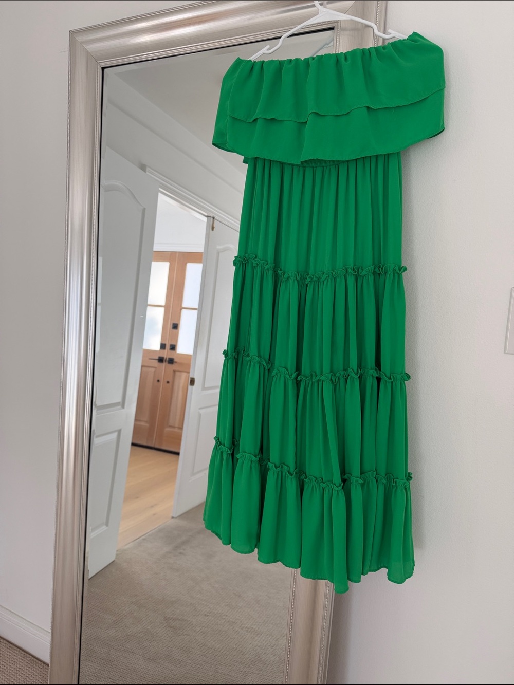 Green Off-Shoulder Tiered Maxi Dress